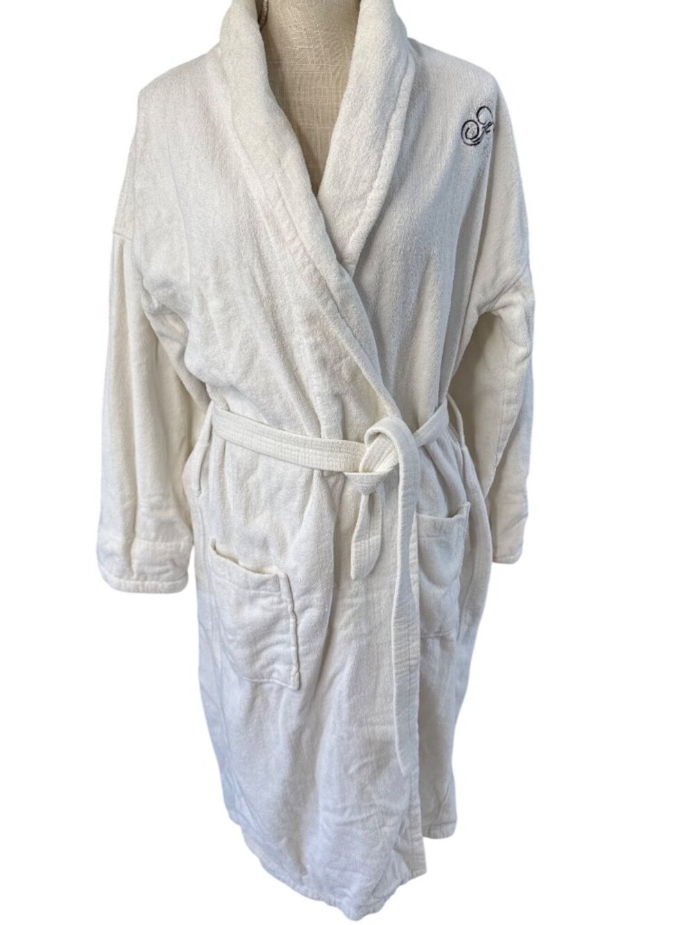 Vintage Cotton Terry Long Spa Bath Robe White One Size Pockets
